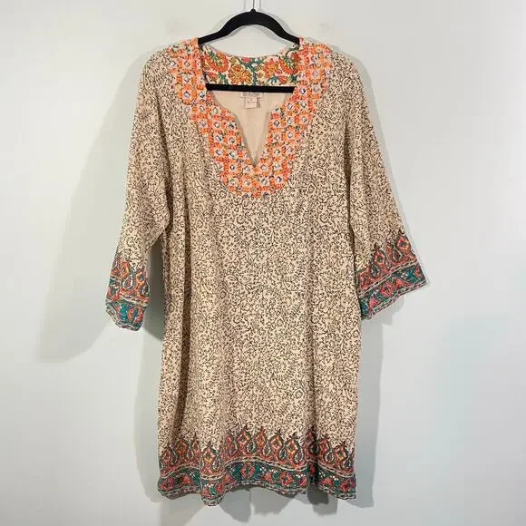 Lucky Brand | Dresses | Vtg Lucky Brand Womens Beige Embroidered Boho  Neckline Peasant Dress Size Xl